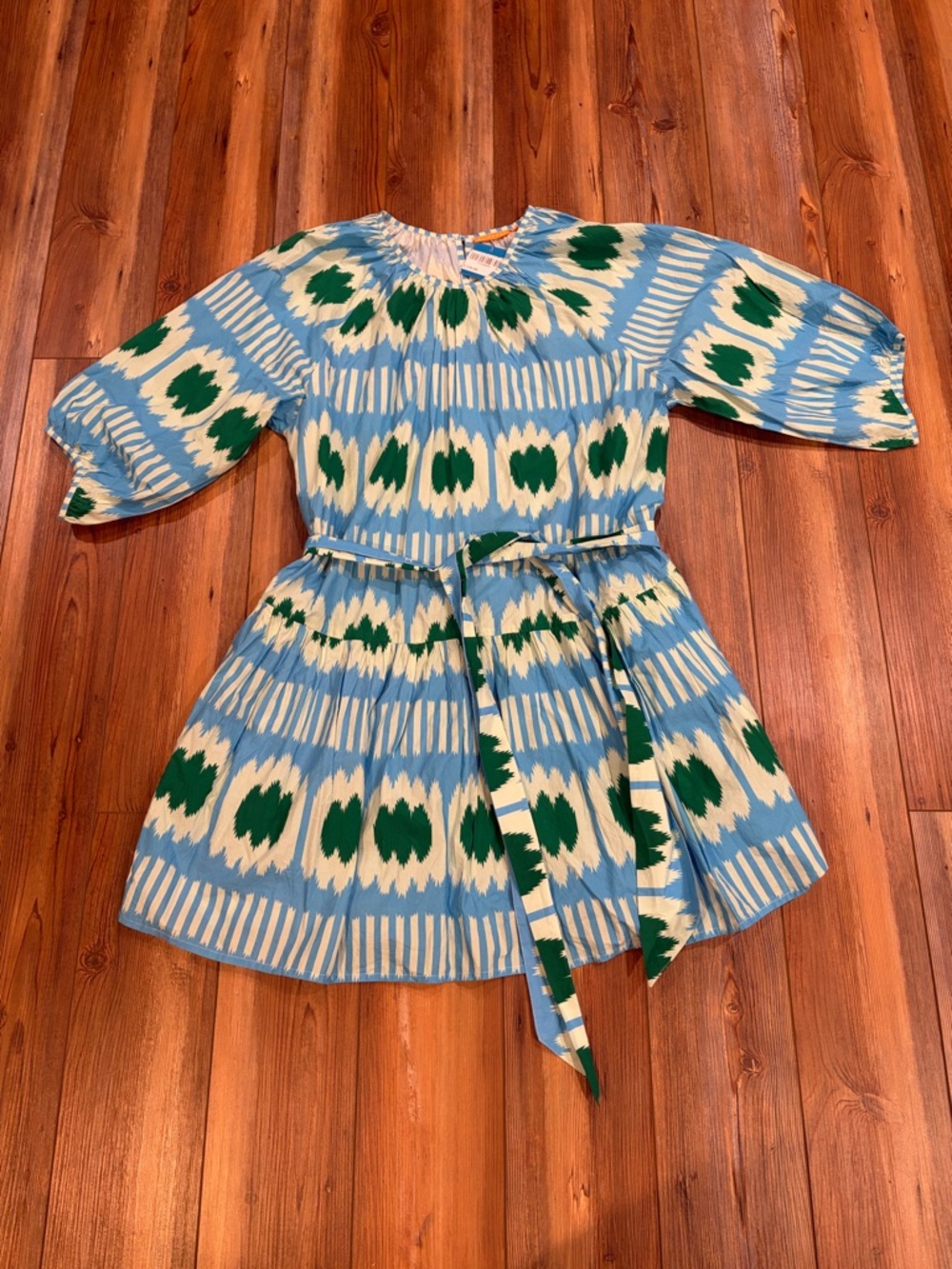Oliphant Blue and Green Patterned Casual Tie-Waist Dress